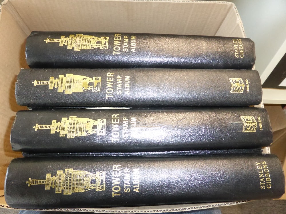 WORLD STAMP COLLECTION IN 4 TOWER STAMP ALBUMS, ALL ERAS SEEN, THOUSANDS OF STAMPS Large world (1 of 6)