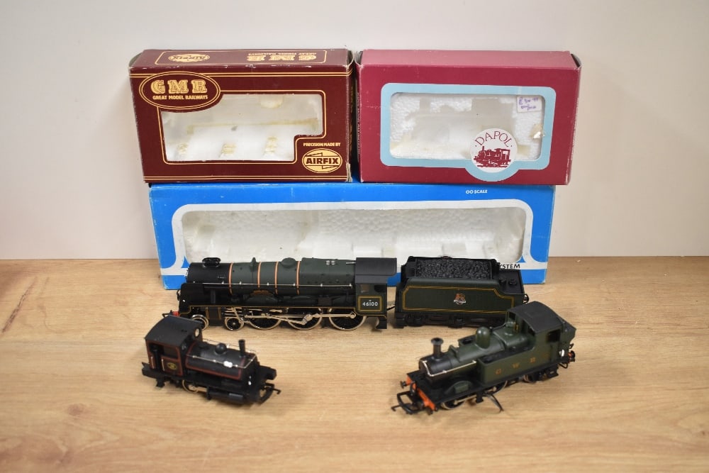 Three 00 gauge Engines, Airfix 54121-3 4-6-0 BR Loco & Tender Royal Scot 46100, 54152-7 0-4-2 GWR: Three 00 gauge Engines, Airfix 54121-3 4-6-0 BR Loco & Tender Royal Scot 46100, 54152-7 0-4-2 GWR Tank Engine 1466 and Dapol D-010 0-4-0 L&Y 19, all boxed with inner packaging, very little use