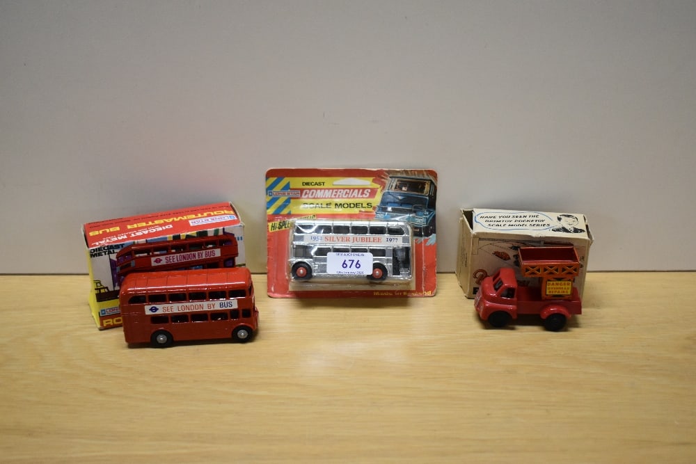 A Brimtoy Pocket Toy 9/541 tin plate and friction driven Mechanical Overhead Repair Lorry in: A Brimtoy Pocket Toy 9/541 tin plate and friction driven Mechanical Overhead Repair Lorry in original box along with two Lone Star Die-casts, Silver Jubilee Bus and Routemaster Bus, on bubble card and