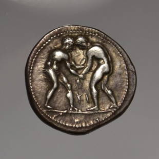 A GREEK SILVER STATER PAMPHYLIA – ASPENDOS, WITH TWO BOXERS: A GREEK SILVER STATER PAMPHYLIA – ASPENDOS, WITH TWO BOXERSSilver Stater / 380-325 B.C. / D = 24 mm / 10,78 g.Obv. Two wrestlers grappling, monogram KI between themRev. Slinger striding right,