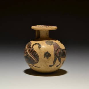 A CORINTHIAN BLACK-FIGURE ARYBALOS WITH SWAN, PANTHER AND HEN: A CORINTHIAN BLACK-FIGURE ARYBALOS WITH SWAN, PANTHER AND HENCorinthian / 7th - 6th cent. B.C. / Clay / H = 8.5 cm (3 11/32 in)Aryballos of a classic globular form with a cylindrical neck, a circular