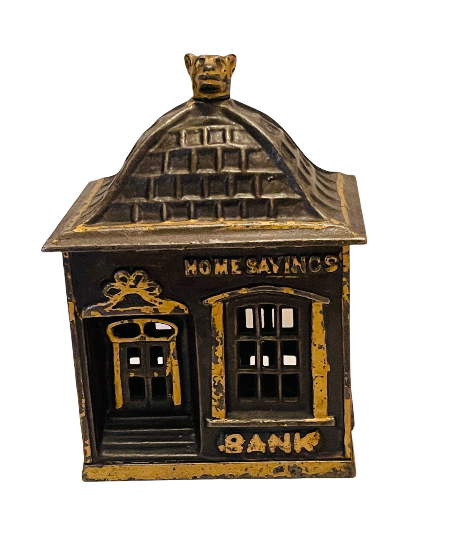 Home Savings Bank with Bull Dog Finial: Japanned & Gold Origin: Cromwell, CT Manufacturer: J. & E. Stevens Co. Material: Cast Iron Period: 1891
