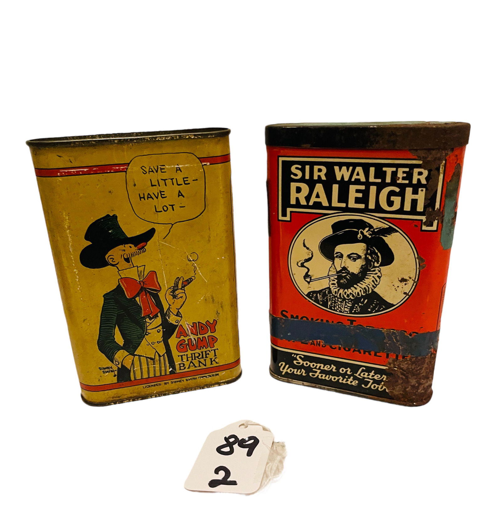 Lithographed Tin Andy Gump Thrift Bank + Cigarette Tin (1 of 2)