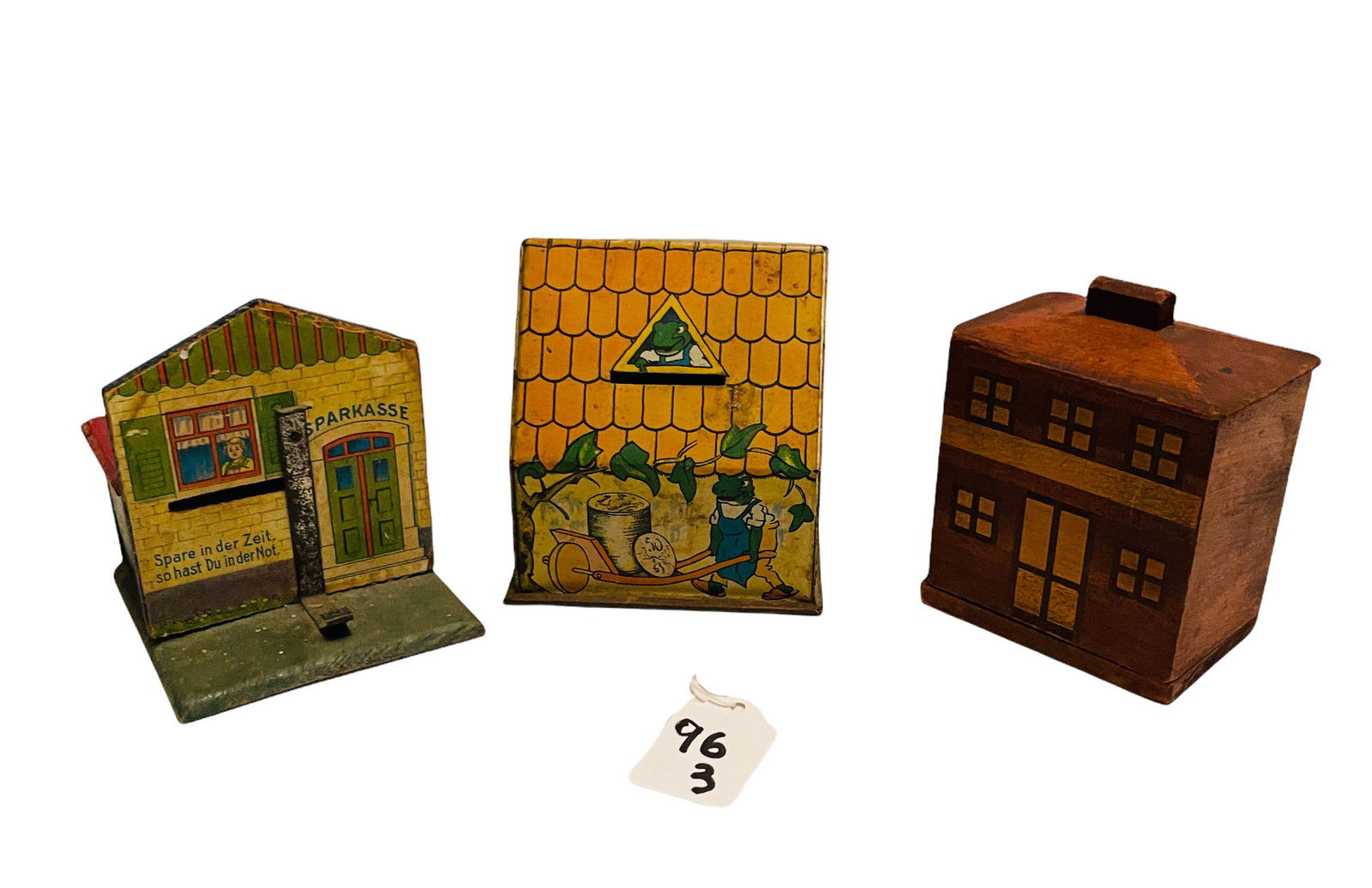 Two Wood Banks + Unusual Tin Bank with Busy Frogs (1 of 2)
