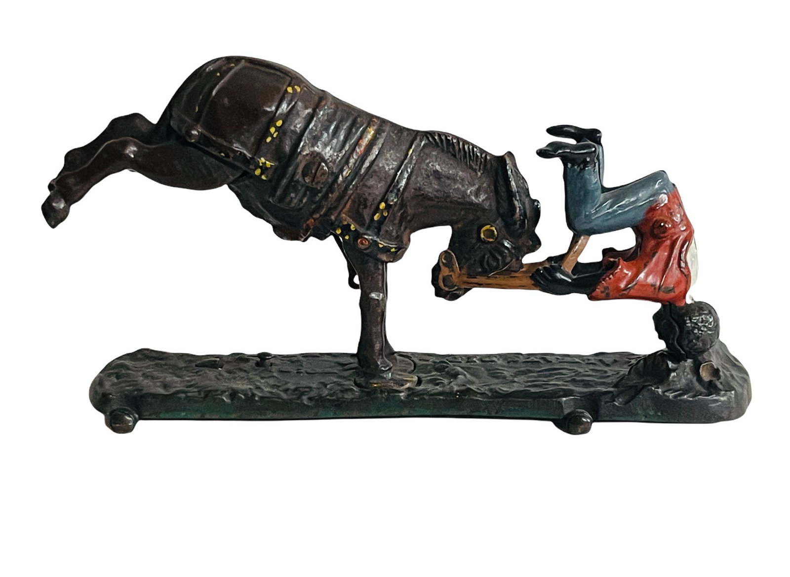 Spise the Mule Jockey Toy: Man is old Repaint Origin: Cromwell, Ct. Manufacturer: J. & E. Stevens Material: Cast Iron Period: 1890's
