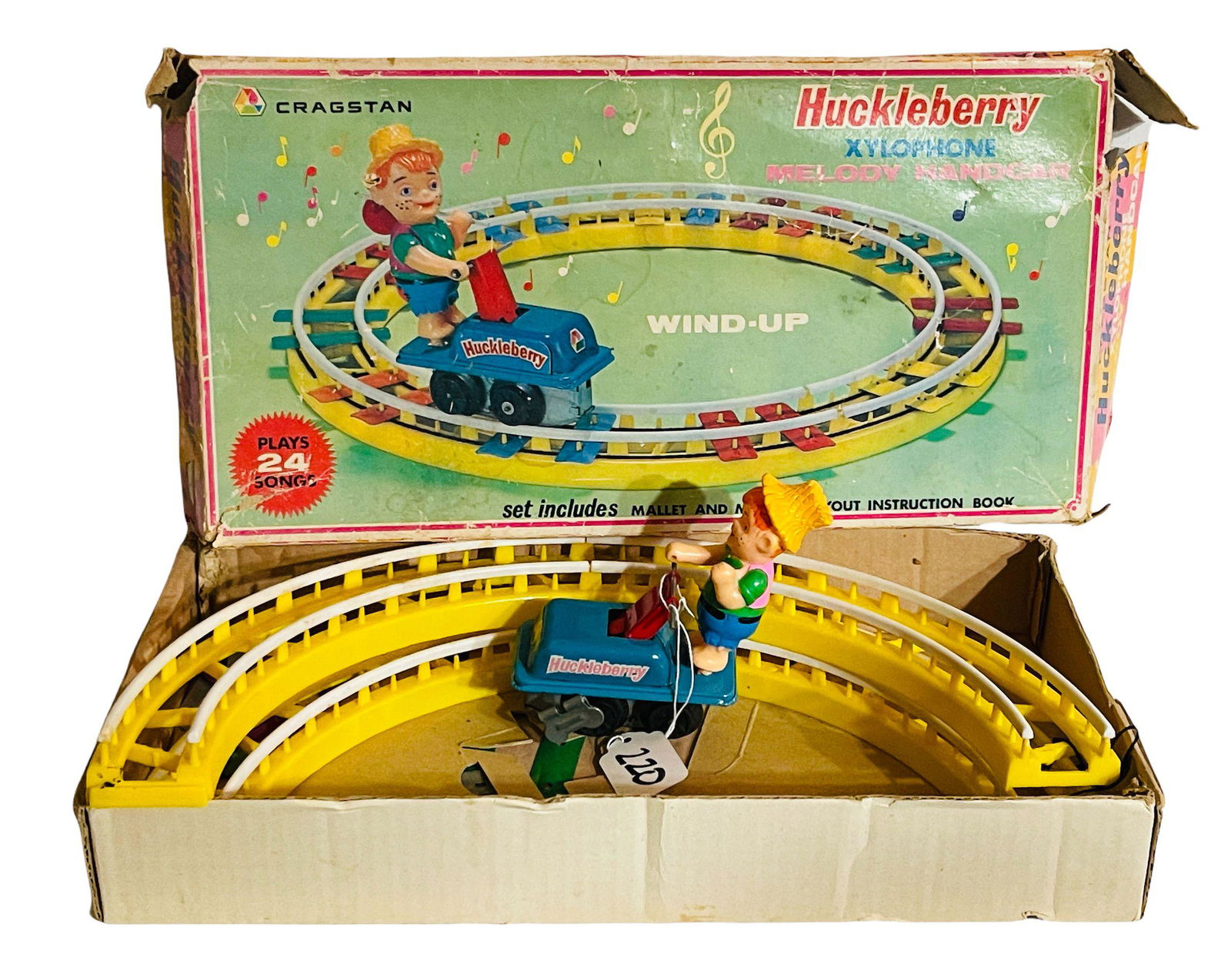 Cragstan Windup Huckleberry Xylophone Melody Handcar: Box is 14 1/2" x 7 1/2" Origin: Japanese Manufacturer: Cragston Material: Mixed Period: 1970