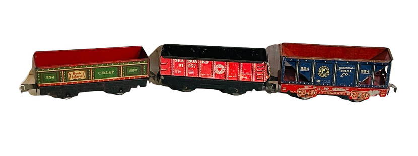 Three Tin Train Cars by Louis Marx include General Coal: All Very Good Condition and all are 6" Long Origin: New York City Manufacturer: Louis Marx Company Material: Tin Period: 1950's