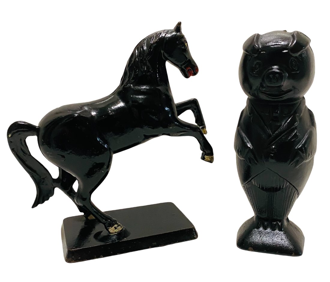 Two Cast Iron Still Banks - Rearing Horse & Pig (1 of 1)