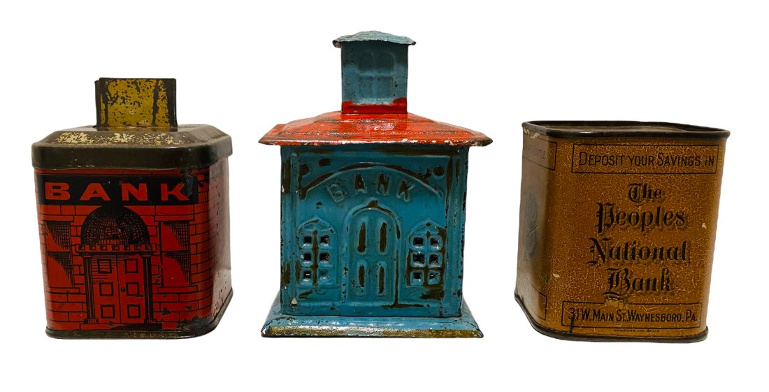 Three American Tin Architectural Still Banks (1 of 1)
