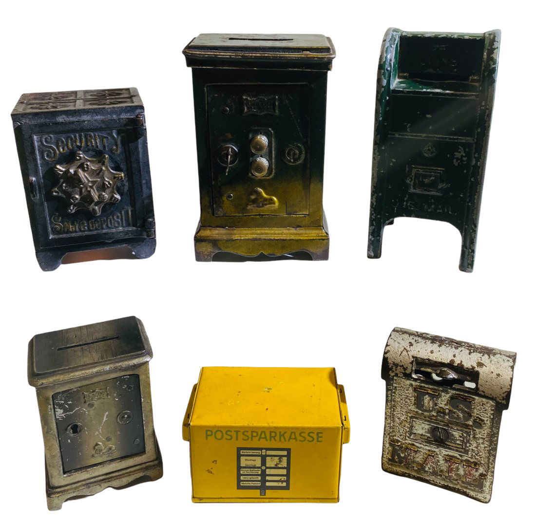 Group Lot of Six Tin Still Banks (1 of 1)