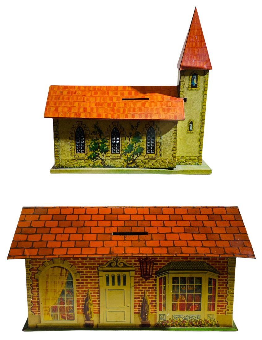 Two Great Tin Litho Still Banks - Cottage & Church (1 of 1)