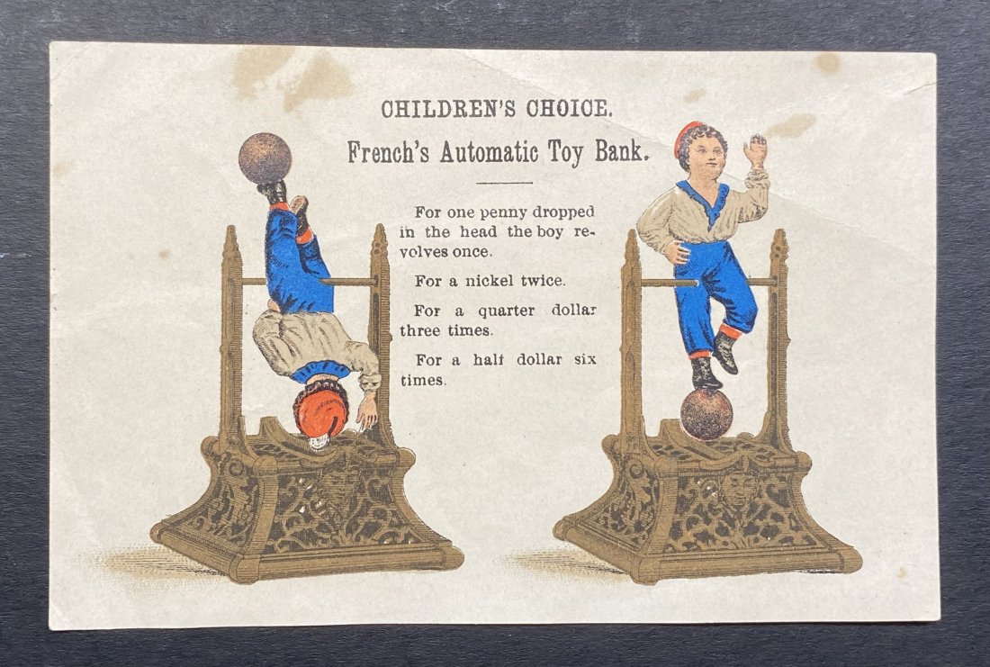 RARE Mechanical Bank Trade Card for the Boy on Trapeze (1 of 2)