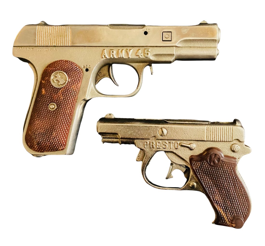 Two Cast Iron Toy Cap Pistols -"ARMY 45" & Presto (1 of 2)