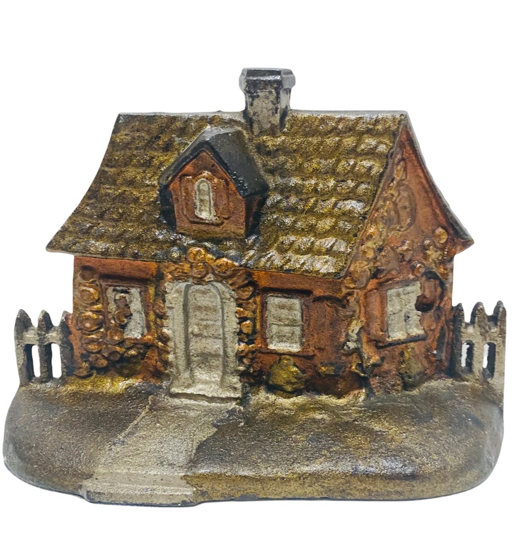 Cast Iron Door Stop of a New England Cottage: Cast Iron Door Stop of a New England Cottage with Fences - Circa Early 1930's