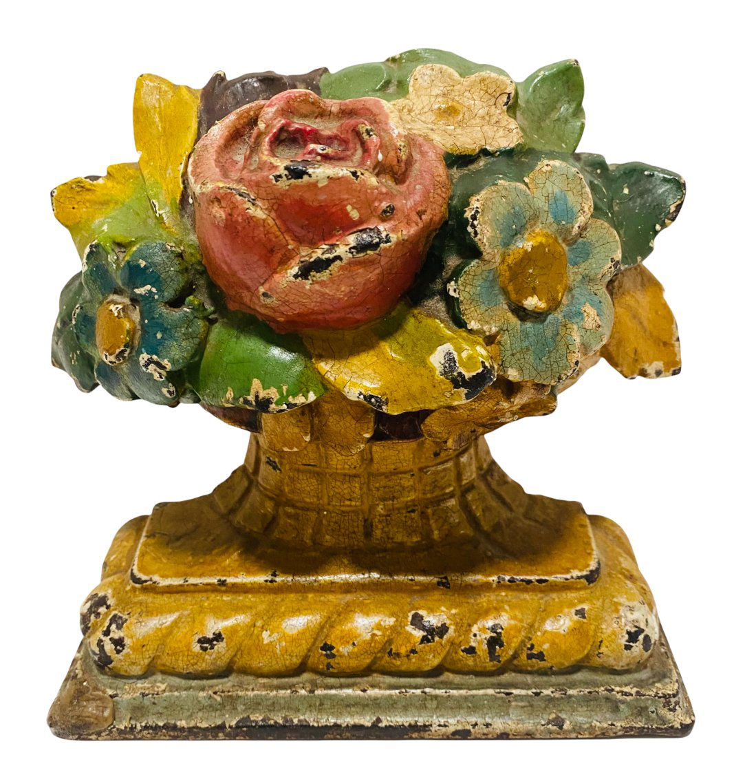 Early Cast Iron Door Stop - Squat Vase of Flowers (1 of 1)