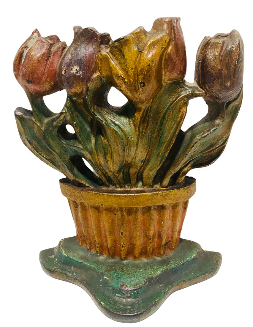 Tulips in Basket Door Stop by Albany Foundry - 1920's: Early Albany Foundry Tulips in Basket Door Stop -1920's - 7" W x 8 1/2" T (Minor Old Overpaint)