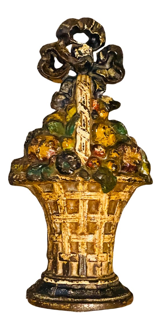 Early Fruit Basket Door Stop with Ribbon Top by Albany: Early Fruit Basket Door Stop with Ribbon Top by Albany Foundry - Circa 1920 - 15" Tall