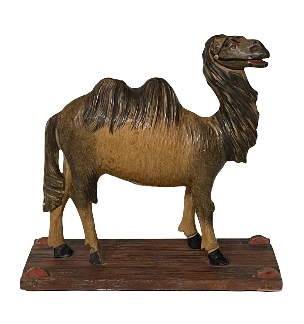 German Painted & Carved Wood Camel on Wheeled Base: Early Painted Wood Camel on Wheeled Platform Base - Germany - 1890's - 9 1/2" L x 4" D x 9" T -(Slight Loss to 1 Hoof and ! Ear)