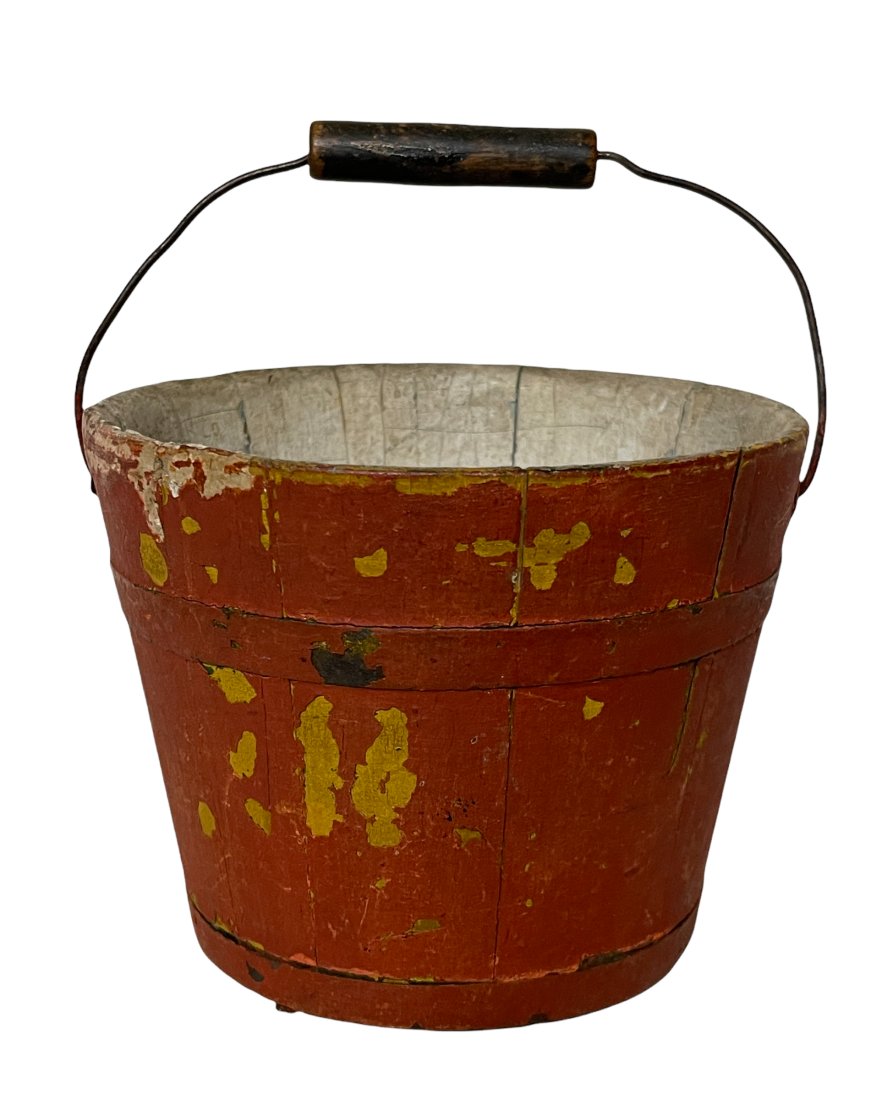 Small American Wood Berry Picking Pail with Bale: Small American Wood Berry Picking Pail with Orig. Bale - Old Red & Mustard Paint -1890's - 5' Diameter x 6 1/2" Tall