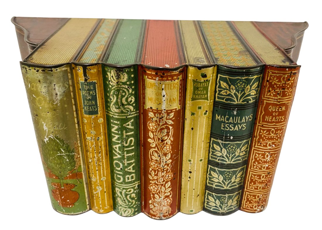 English Biscuit Tin of 7 Simulated Leather Books (1 of 3)