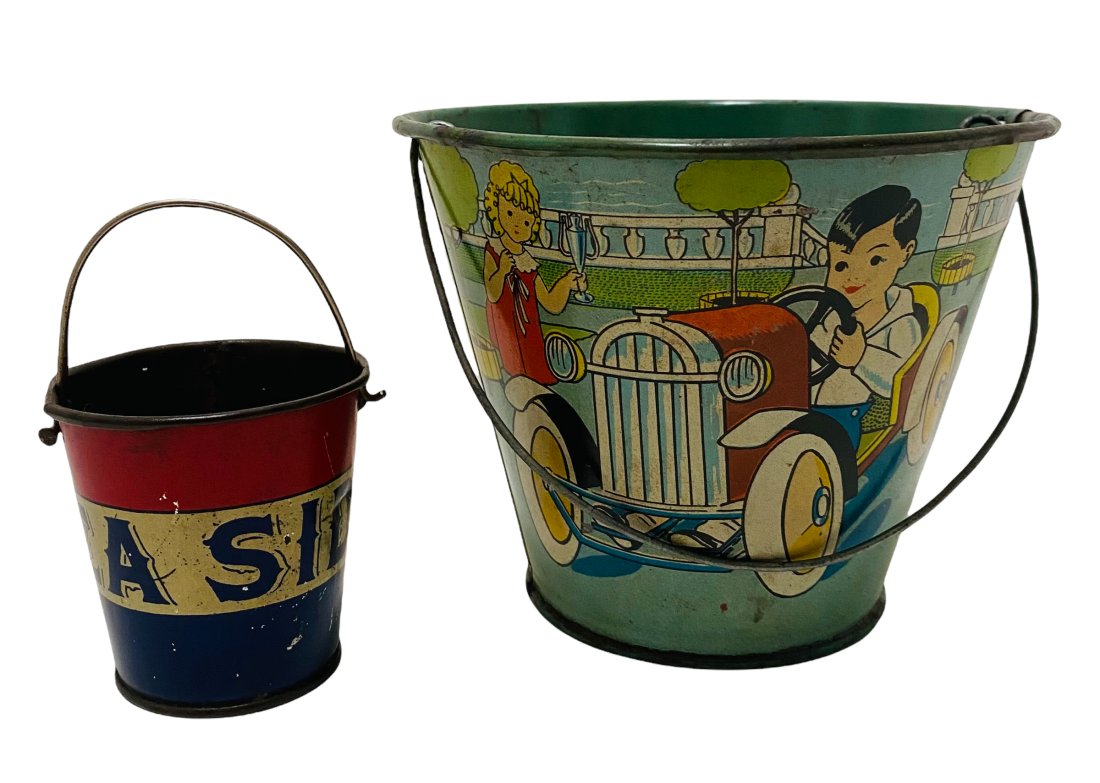 Two Tin Sand Pails-"Sea Side"(2 1/2") Racers (4 1/4") (1 of 2)