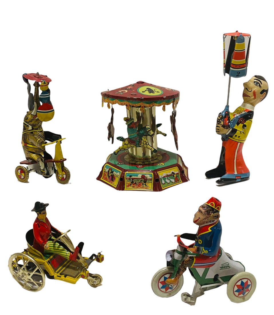 Five Reproduction PAYA Toys - Includes Monkey Trike: Five Reproduction PAYA Toys -Includes Carousel; Man w/ Propellors, Elephant w/ Propellors< Monkey on Tricycle & Man in Cart - Circa 1990's - All are Working