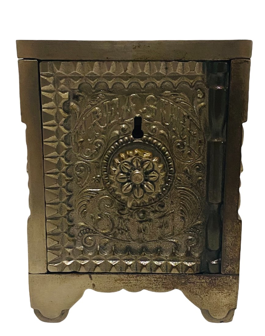 Nickel Plated Cast Iron Treasure Safe Bank by Stevens: Nickel Plated Cast Iron Treasure Safe - By J. & E. Stevens Company - Cromwell, Ct. - Late 1890's -5" Tall