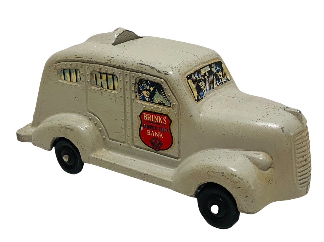 Unusual Cast Lead Brink's Armored Truck Still Bank: Very Unusual Cast Lead Brink's Armored Truck Still Bank - American - 1940's - 8 1/4" Long (Combination in Pencil on Bottom)
