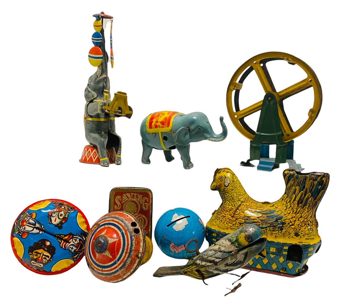 Group of Nine Lithographed Tin Banks & Toys (1 of 1)