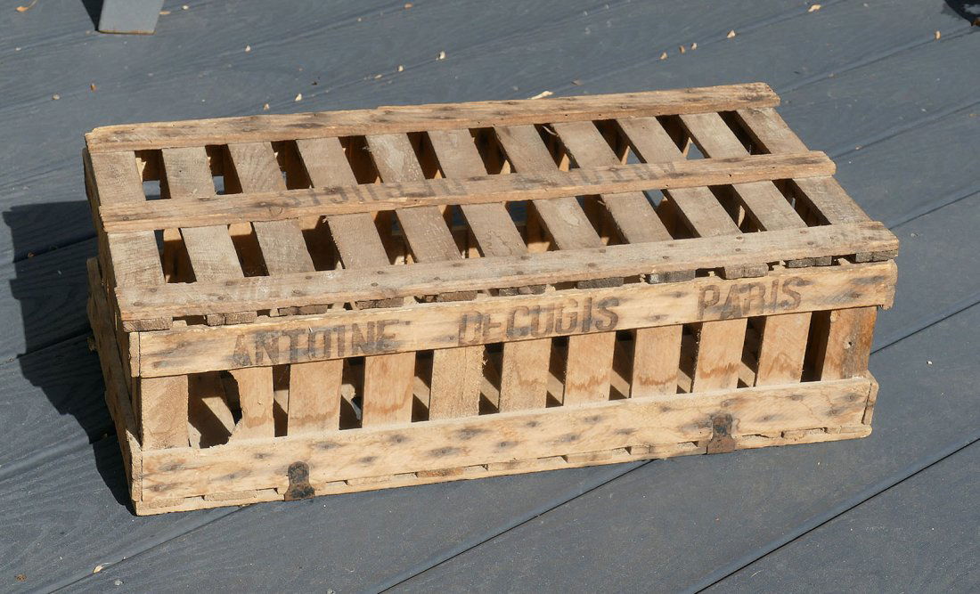 Vintage French Antoine Decugis Wooden Fruit Crate: Vintage French Antoine Decugis Wooden Fruit Crate. 2nd Quarter 20th C.Measurements: 22.75" x 12.25" x 7"h Shipping: Available for in-house shipping. Please email us at ProvenanceAuctions@gmail.com if