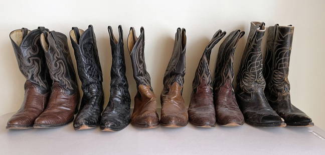 5 Pairs Of Cowboy Boots - Tony Lama: 5 Pairs Of Cowboy Boots. 4 Pairs are by Tony Lama and are made of leather and exotic skins like Ostrich and Lizard. Includes: Tony Lama (Style 8536 - Size 11.5 D / Style 8813 - Size 12D / Style 6536 -