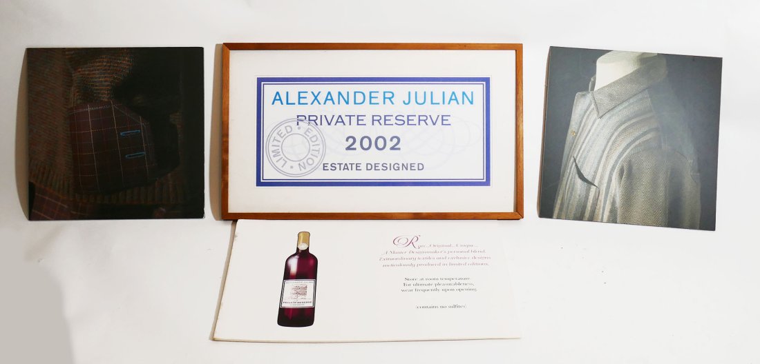 Alexander Julian Clothing Store And Wine Signs: Alexander Julian Clothing Store And Winery Signs. All on poster board with one of the winery signs being matted and framed. Alexander Julian Private Reserve 2002 was a premium wine only being offered 