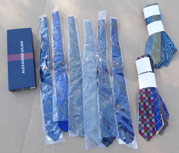 16 Different Alexander Julian Men's Ties & A Bowtie / Cummerbund Set: 16 Different Alexander Julian Men's Ties & A Bowtie / Cummerbund Set. All appear unused and in Excellent Condition. Shipping: Available for in-house shipping. Please email us at ProvenanceAuctions@gma