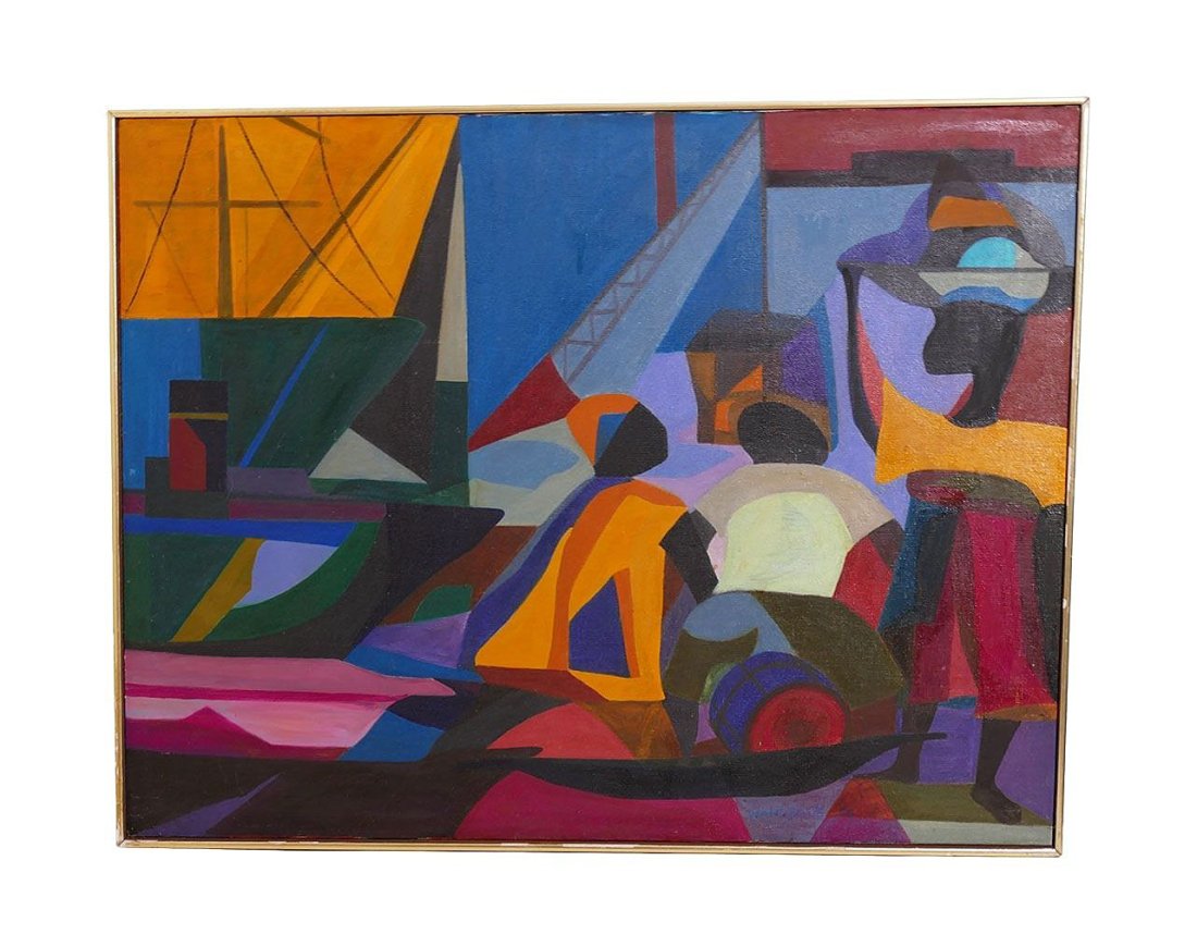 Solomon Irein Wangboje (Nigerian, 1930-1998) Original Oil On Canvas "At The Wharf" (1966-67) (1 of 4)