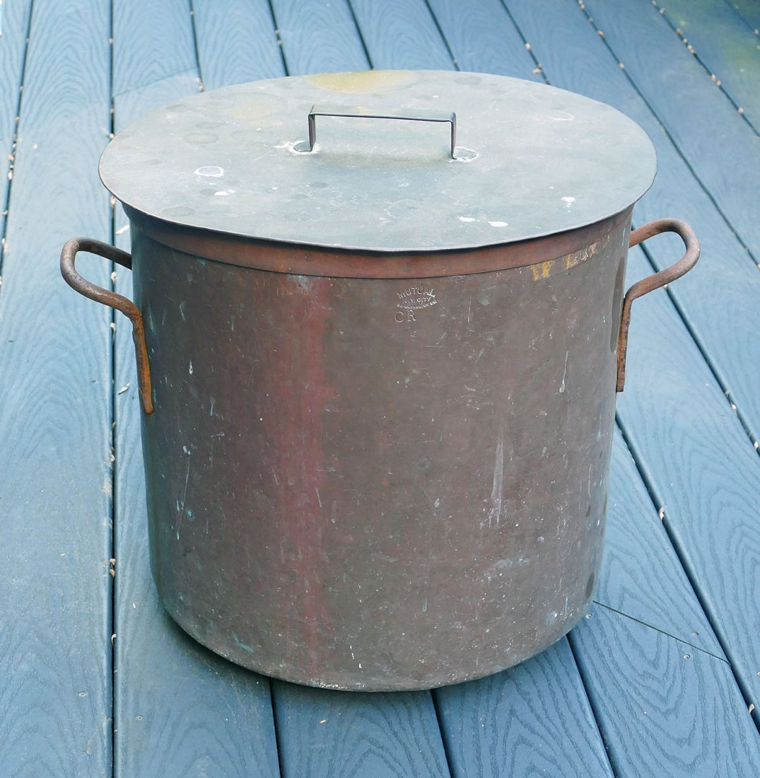 Antique 45 QT Copper Stockpot - Mutual (N.Y. City): Antique 45 QT Copper Stockpot By Mutual (N.Y. City). Stamped with the maker's name as well as "CR" which was probably the restaurant/club who used it. Comes with lid. Measurements: 17"diameter, 21"(w/