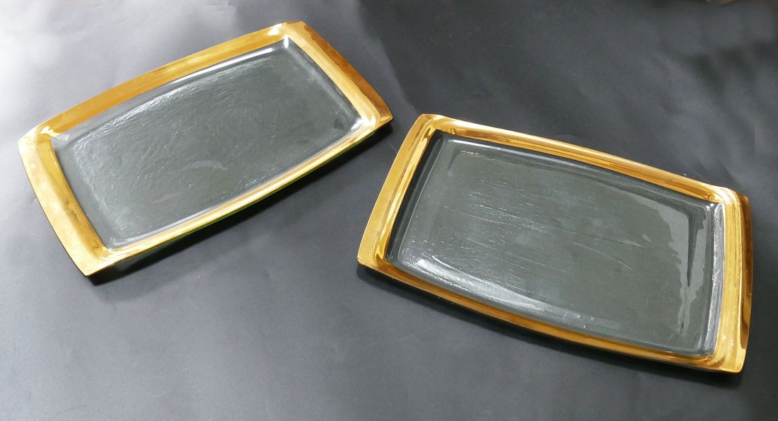 Pair Of Annieglass Roman Antique Gold Rectangular Glass Trays - 17.75" x 11.5" (1 of 4)
