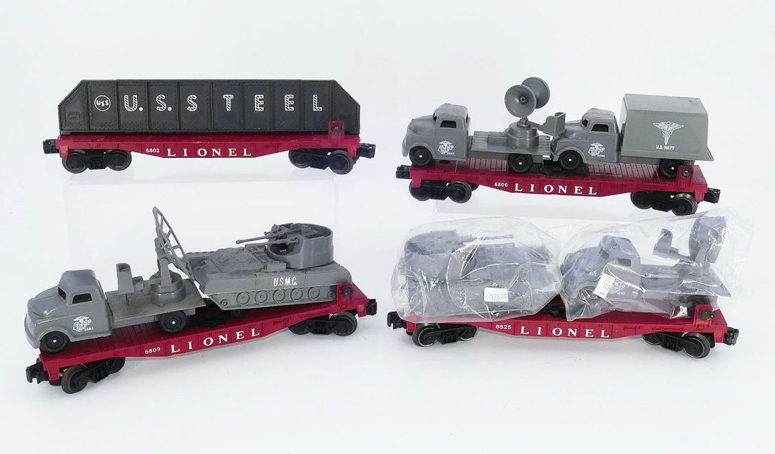 Lionel 6802 6806 6808 6809 Postwar Flatcars With Steel Girder, USMC Trucks, Etc (1 of 6)