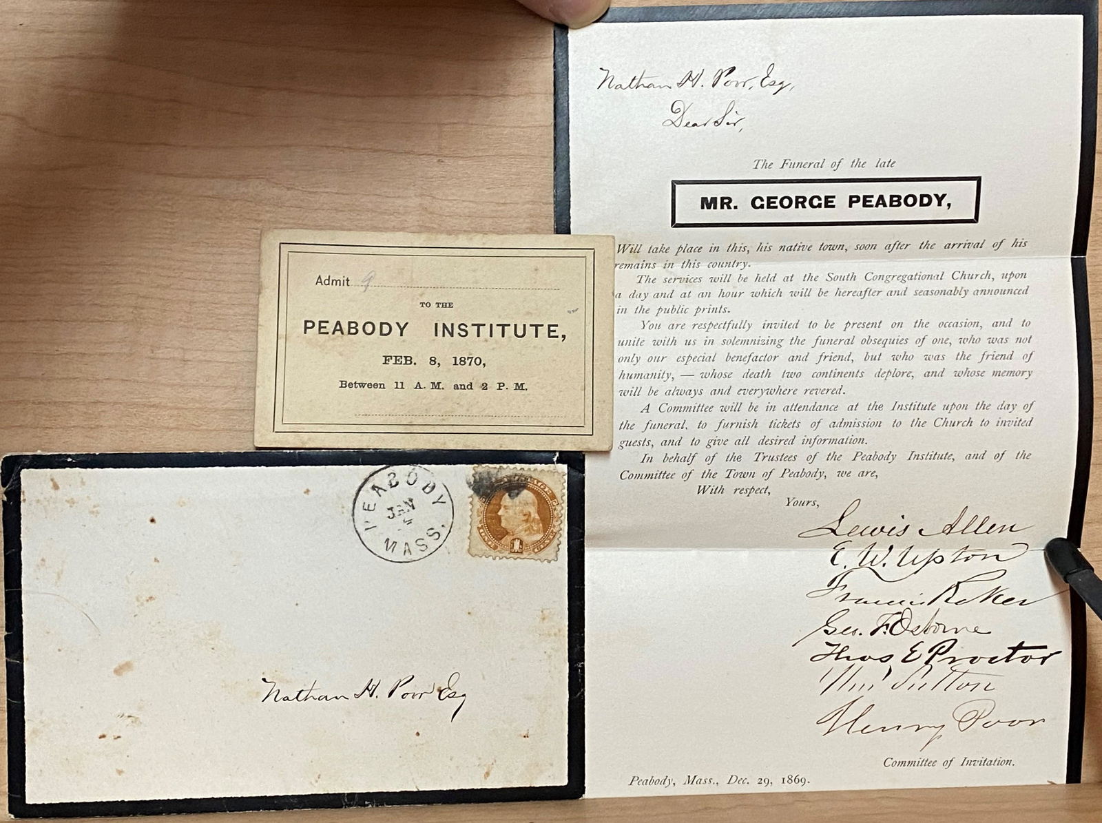 (Funerary Ephemera) FUNERAL of GEORGE PEABODY 1870 four items (1 of 5)