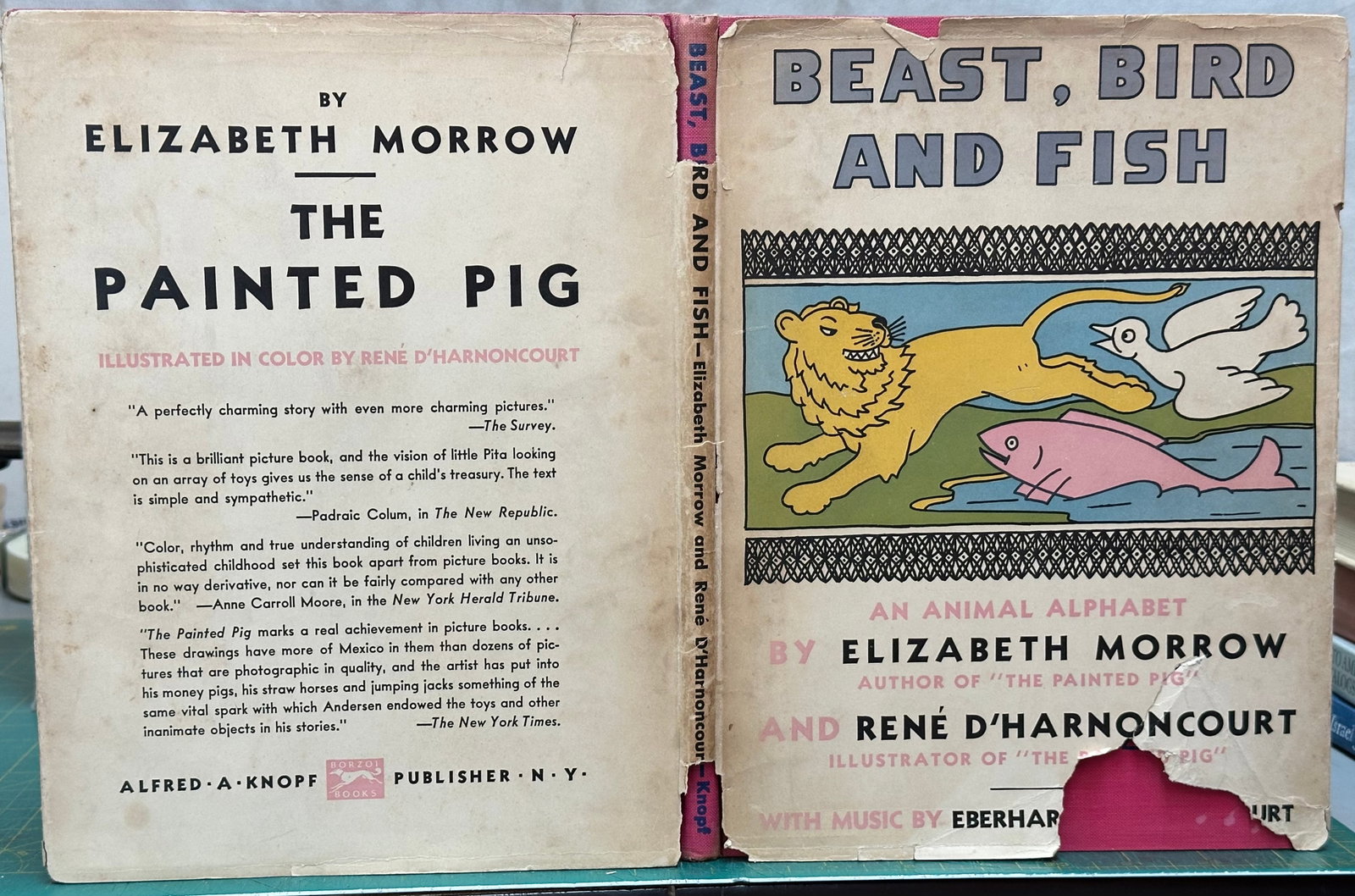 Children's BEAST BIRD & FISH Morrow 1933 1st ABCs: Morrow, Elizabeth and René D'Harnoncourt; music by Eberhard D'Harnoncourt. Beast, Bird and Fish : An Animal Alphabet. New York: Alfred A. Knopf 1933. 1st Edition, 1st Printing. [57] pages. Hardcover 