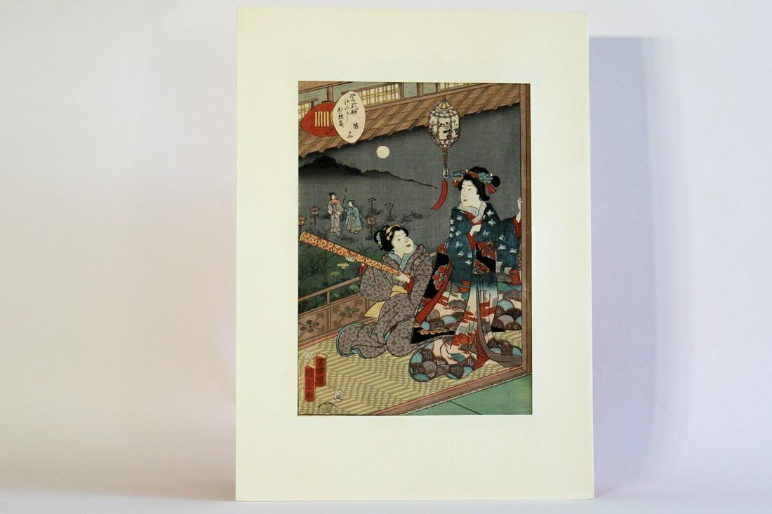 A Japanese Woodblock Print by Kunisada: A Japanese Woodblock Print by Kunisada, two ladies in robes.
