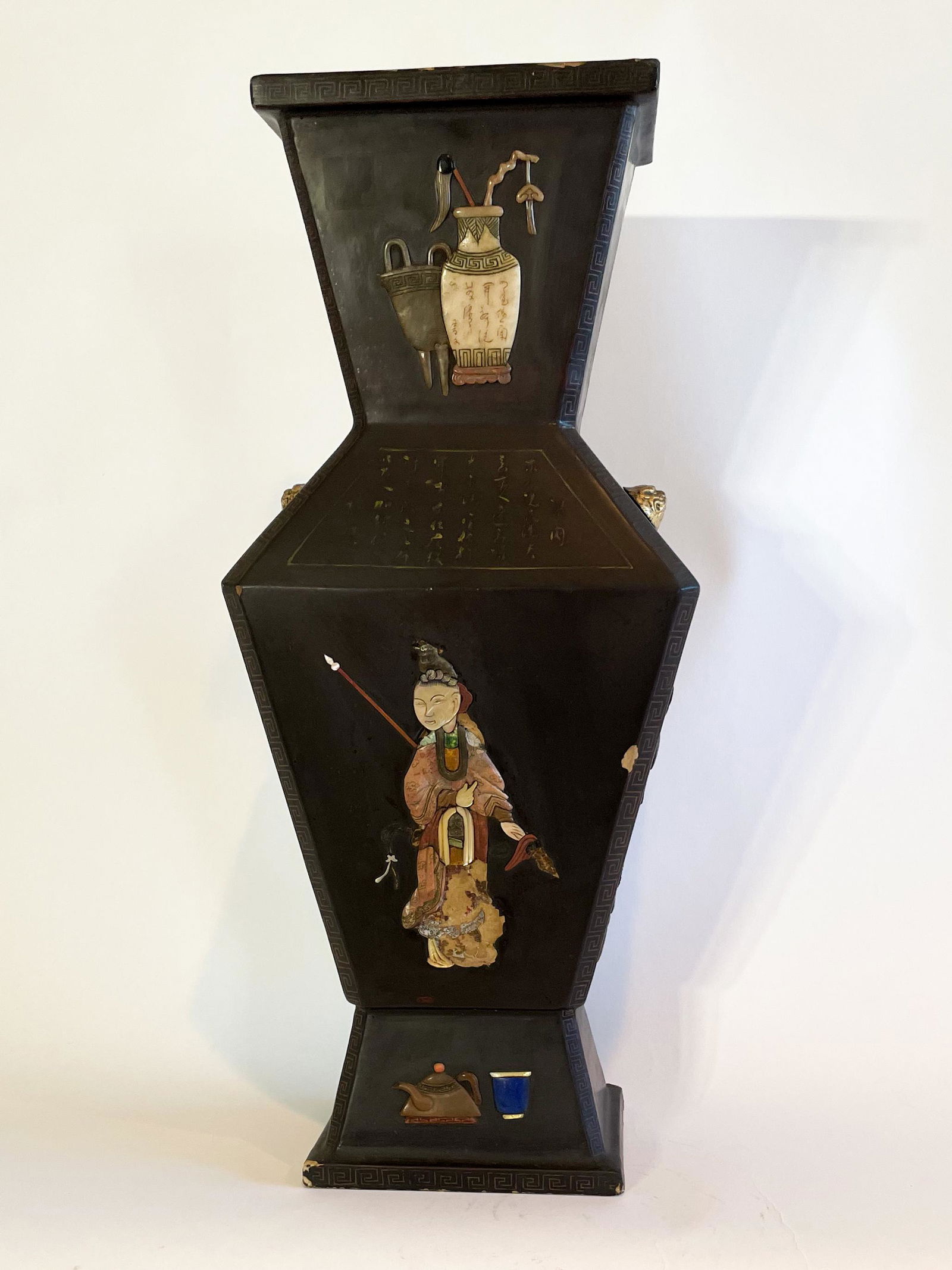 A Qing Dynasty Chinese Lacquered Vase with Inlaid Stone and Jade (1 of 5)