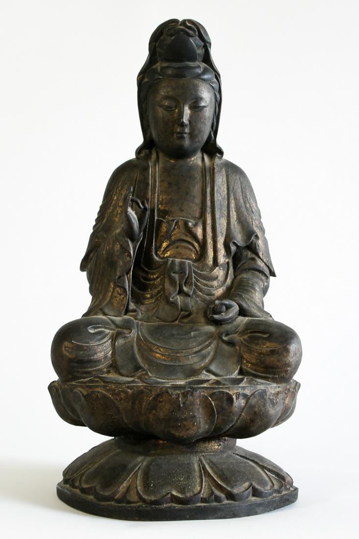 A Chinese Gilt Wood Guanyin, Likely Ming Dynasty: A beautiful Chinese Gilt Wood Guanyin, likely Ming Dynasty. 7.7 inches in diameter. From an Estate in Northern California.