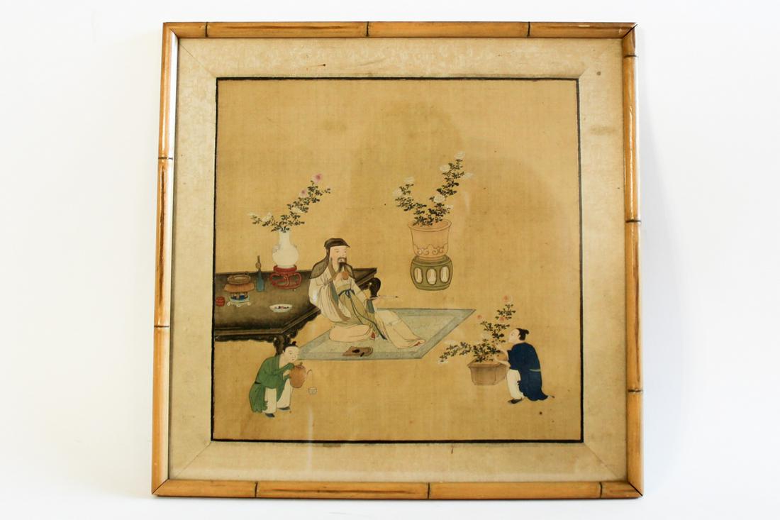 A Qing Dynasty Chinese Watercolor Painting: A Qing Dynasty Chinese Watercolor Painting of a man sitting at a table drinking and painting while other figures pour tea and tends to the plants.