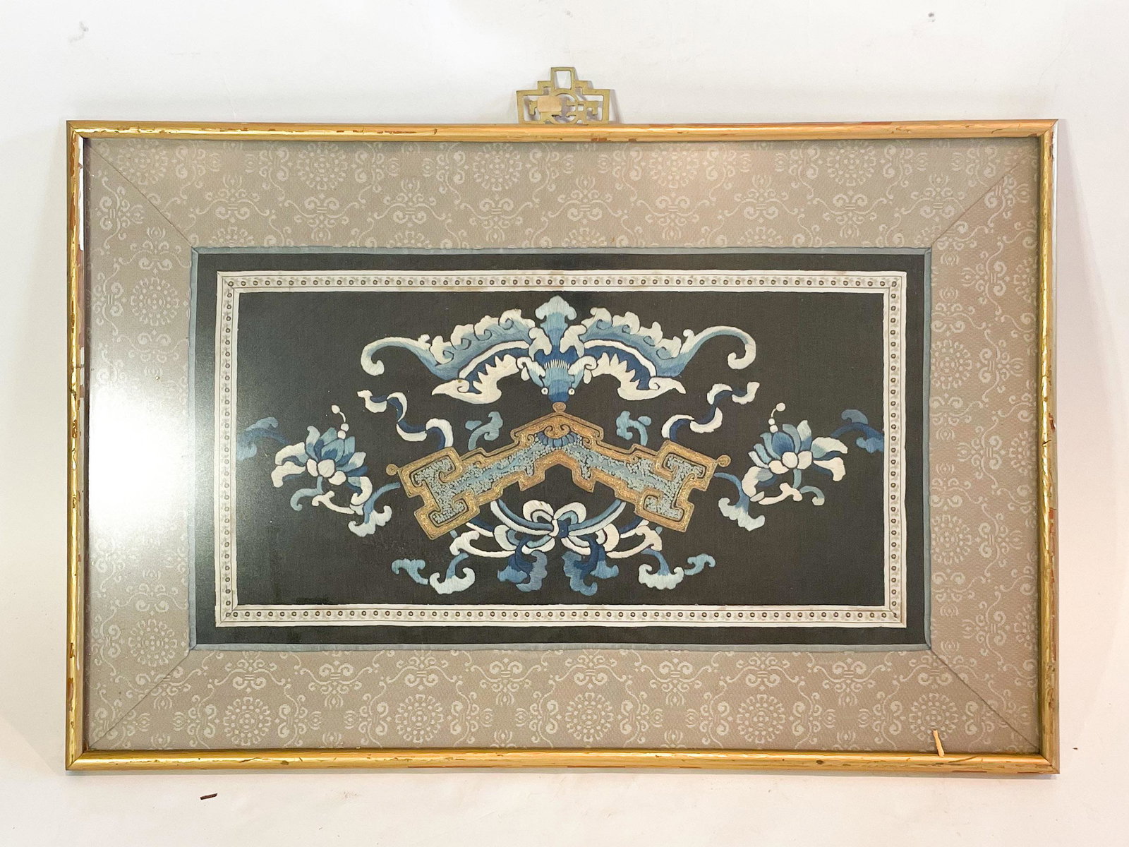 A 19th Century Chinese Embroidery of a Flower and Bat: A 19th Century Chinese Embroidery of a Flower and Bat. From the Annette Martin Collection. Exhibited at the Chinese Culture Foundation of San Francisco February 8th - March 8th 1975. Exhibit documenta
