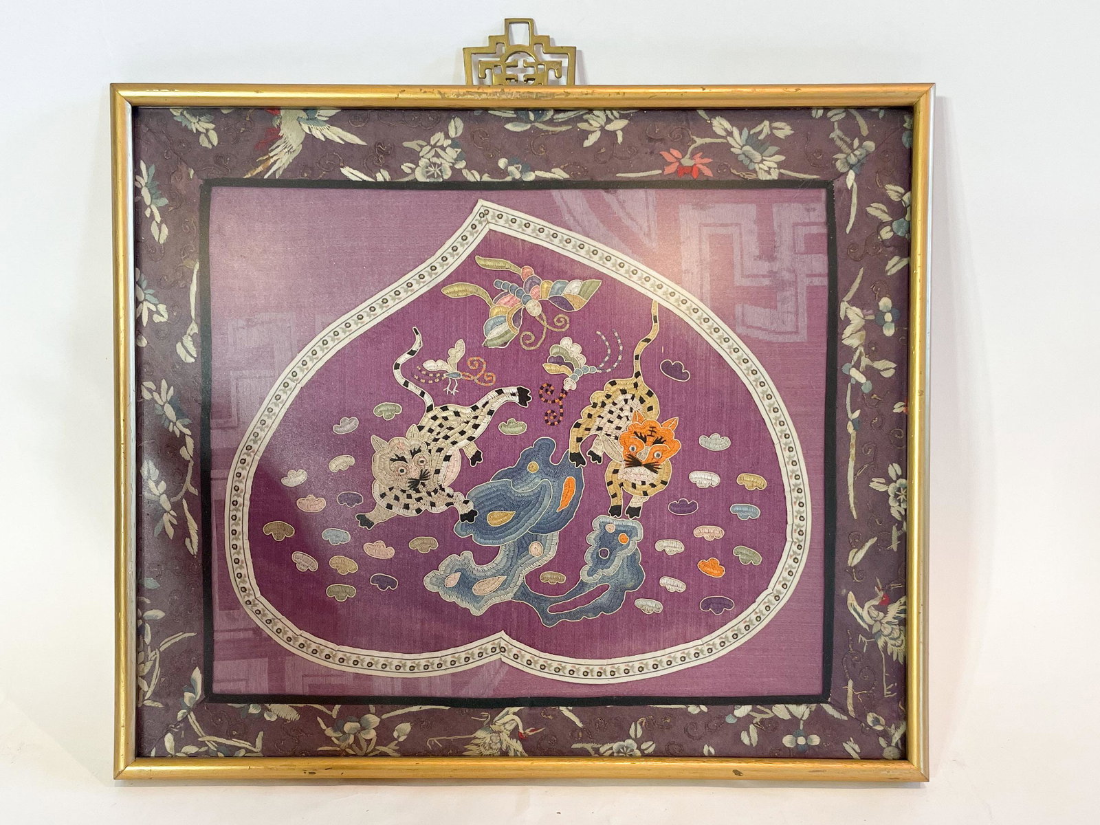 A Chinese Embroidery in Peach Shape with Animals: A Chinese Embroidery in Peach Shape with Animals. From the Annette Martin Collection. Exhibited at the Chinese Culture Foundation of San Francisco February 8th - March 8th 1975. Exhibit documentation 