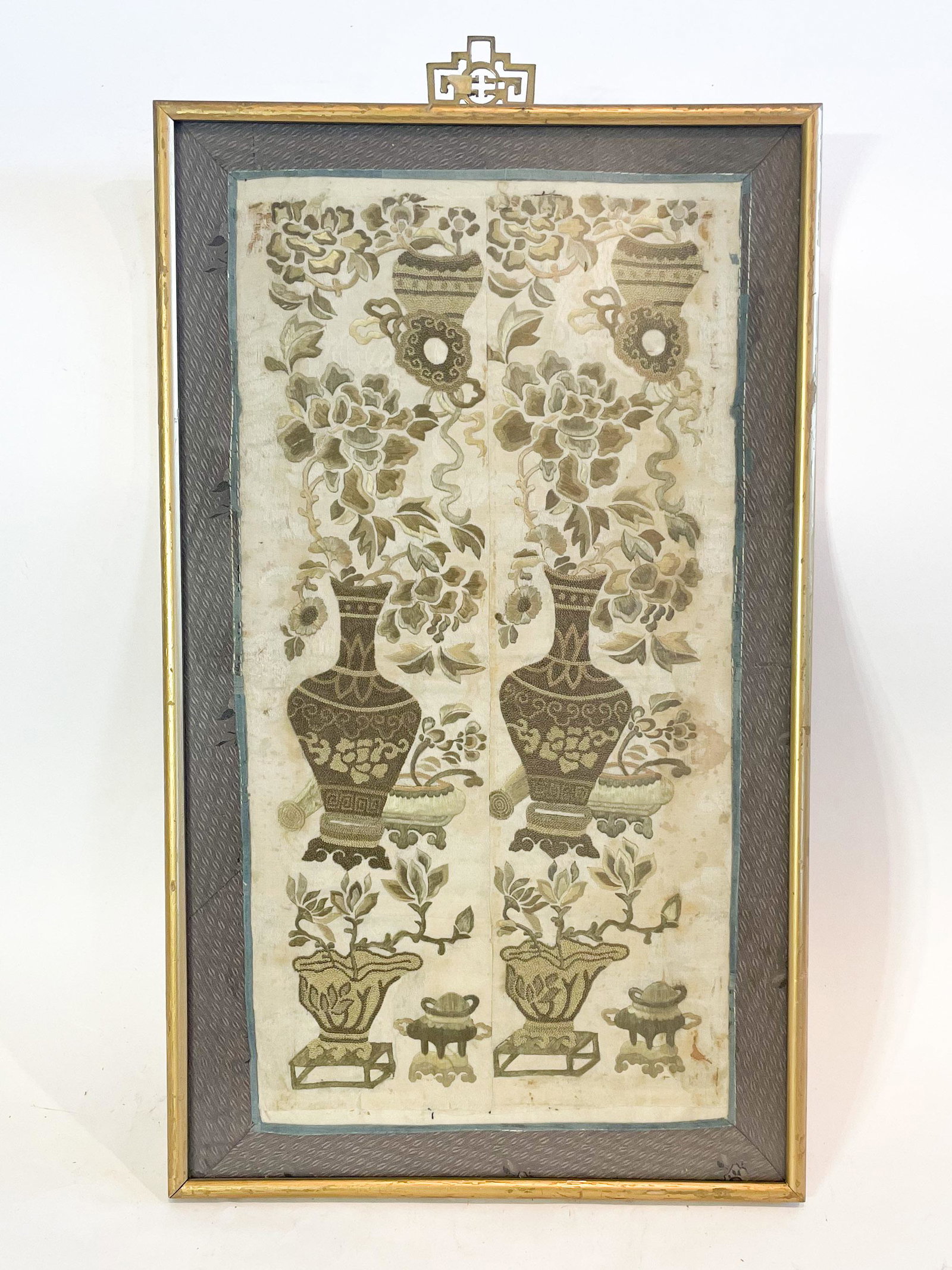 A Chinese Embroidery of Vases and Flowers: From the Annette Martin Collection. Exhibited at the Chinese Culture Foundation of San Francisco February 8th - March 8th 1975. Exhibit documentation available upon request.