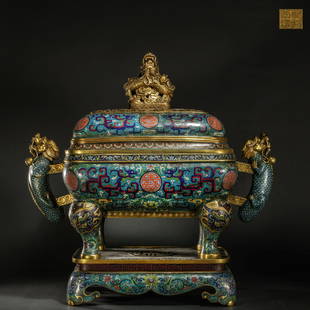 QING DYNASTY FILIGREE ENAMEL DRAGON BUTTON AMPHORA INCENSE BURNER: QING DYNASTY FILIGREE ENAMEL DRAGON BUTTON AMPHORA INCENSE BURNER; H:67cm L:63cm W:34cm Wt:43070g