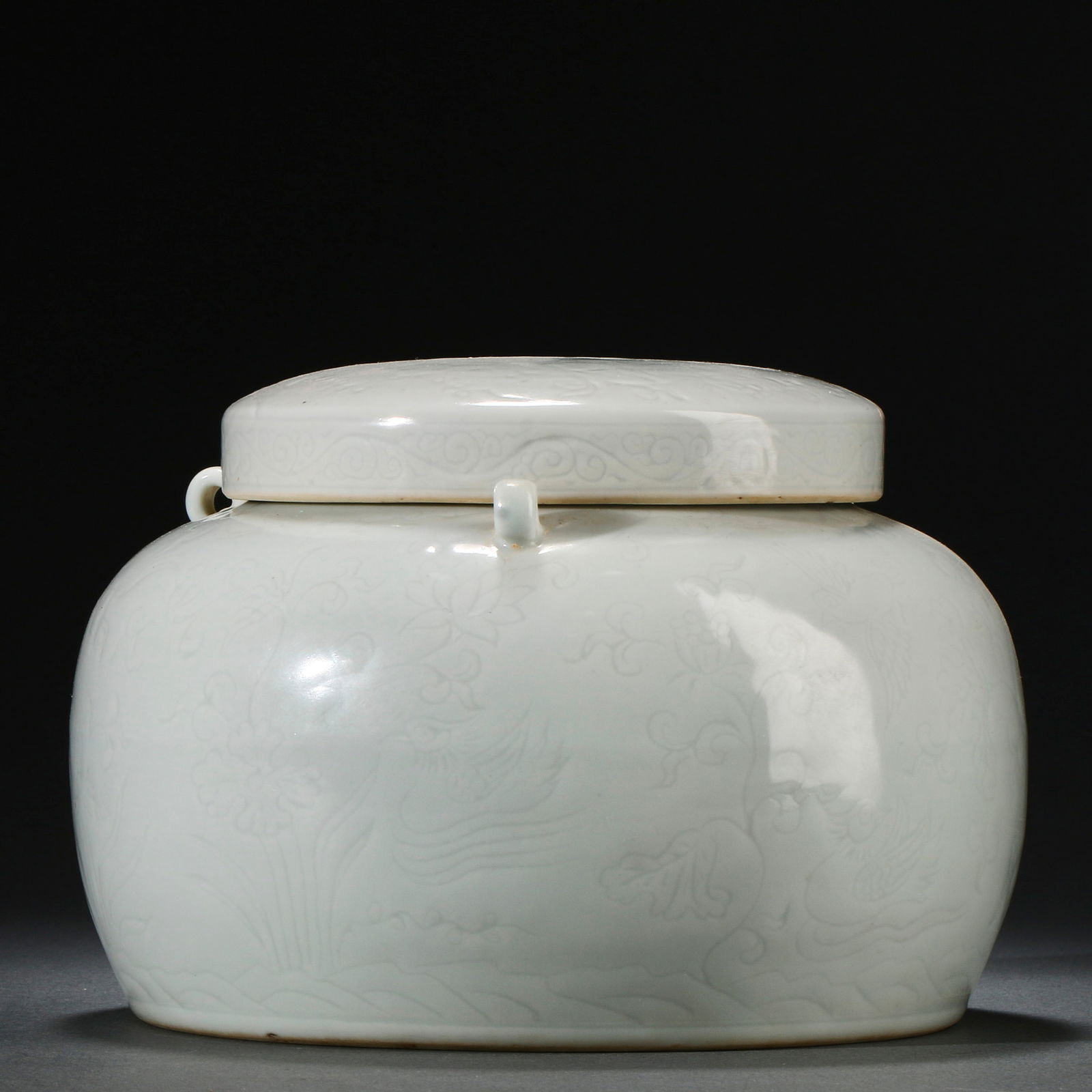 Pre-Ming dynasty white glaze cover jar with carved mandarin ducks playing in water (1 of 12)