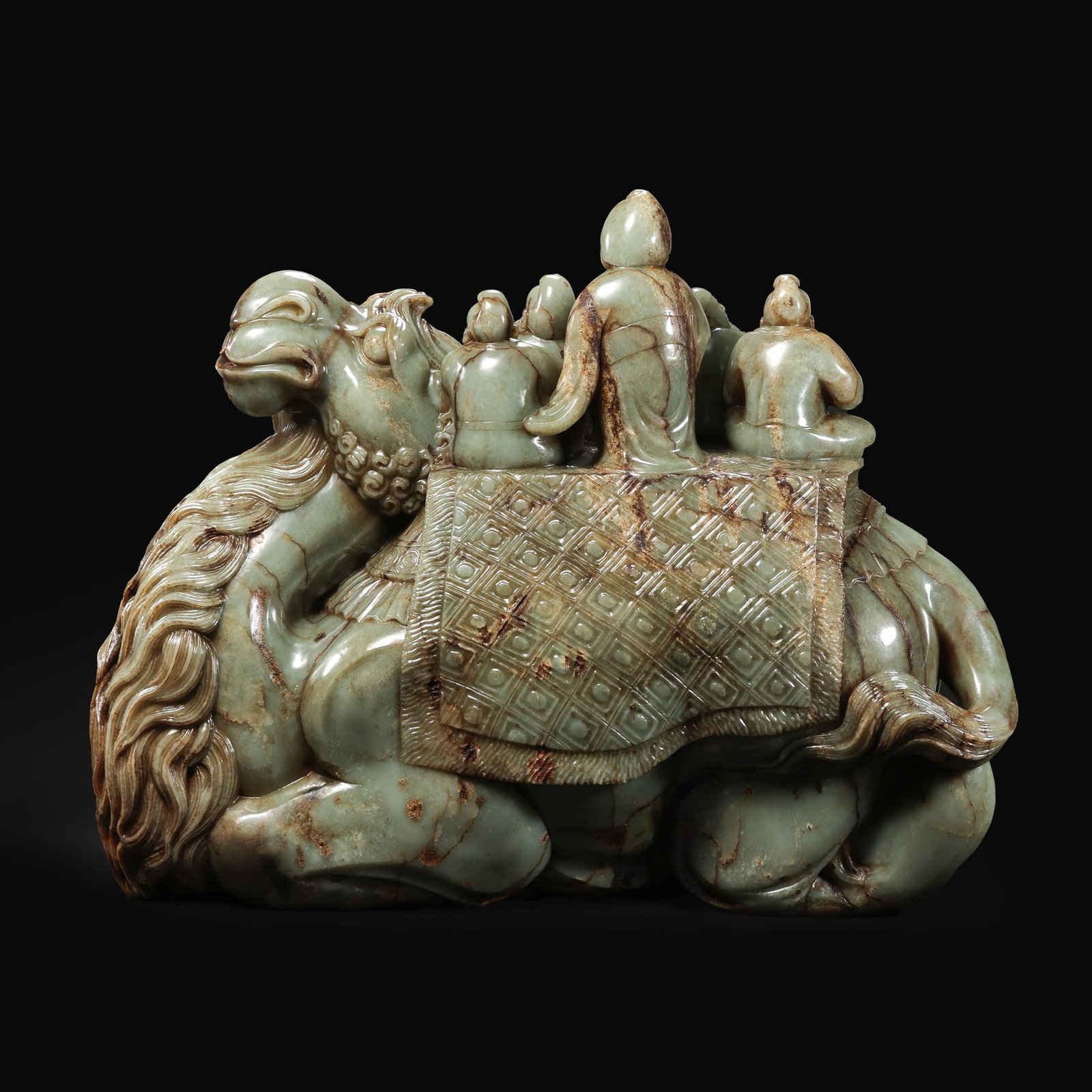 Pre-Ming Dynasty Hetian Jade Camel Ornament with Central Asian (Hu) Figure Offering Treasure: H. 68cm.W.53cm.