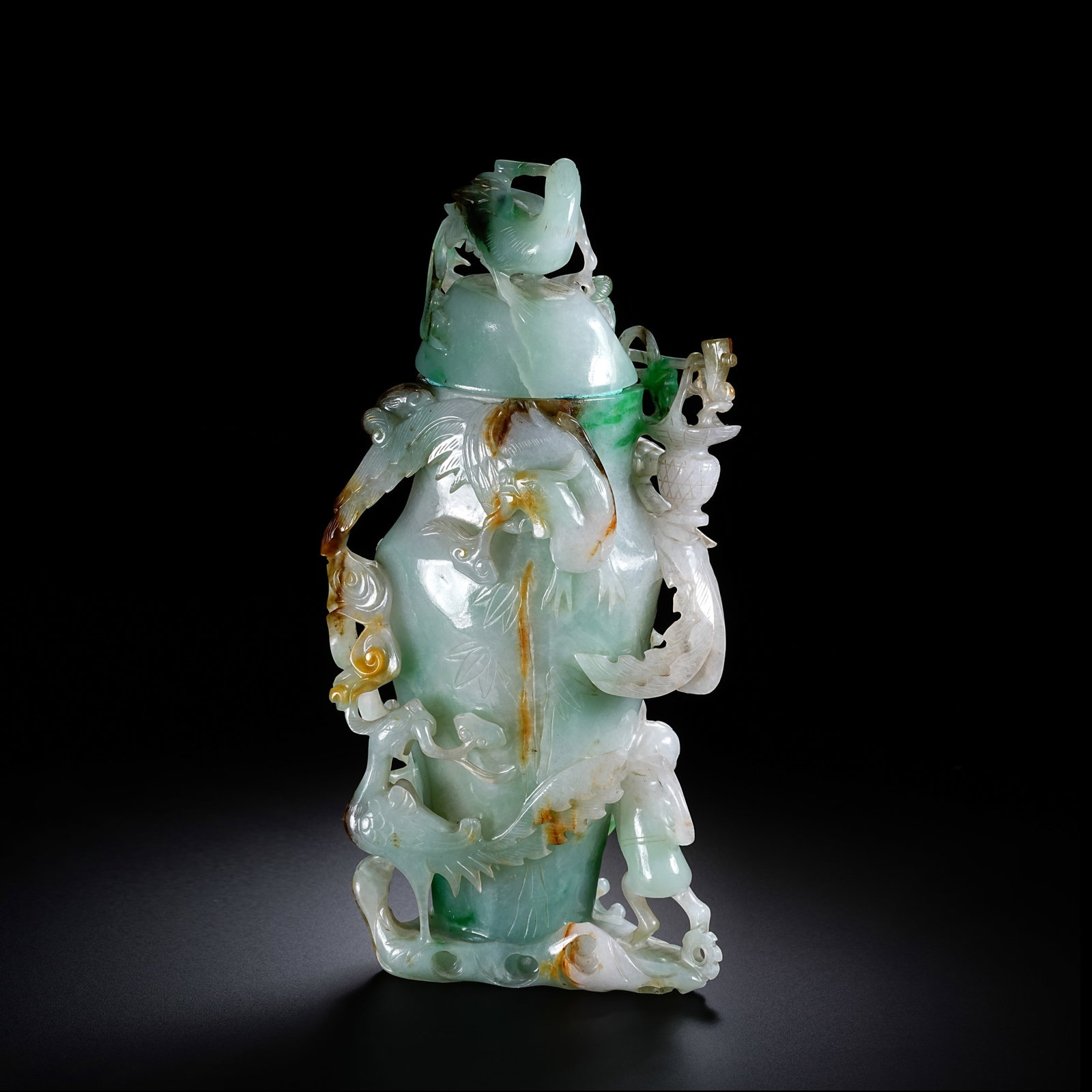 Jadeite "Dragon and Phoenix in Harmony" Floral, Bird, and Auspicious Beast Ornament: H. 18cm.W.9cm.weight.648grams